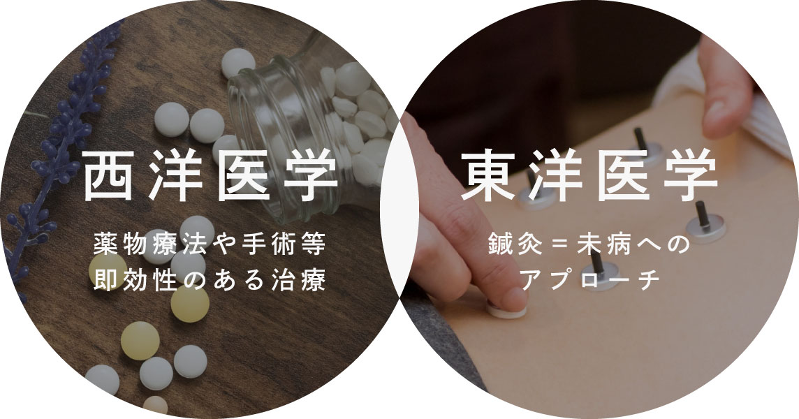 「西洋医学：薬物療法や手術等即効性のある治療」「東洋医学：鍼灸＝未病へのアプローチ」
